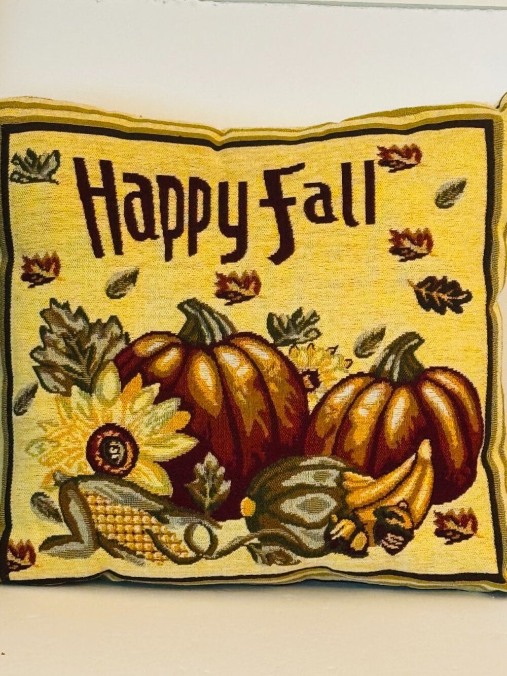 Thanksgiving Happy Fall Decorative Tapestry Throw Pillow 16x16" Pumpkin Sunflowe